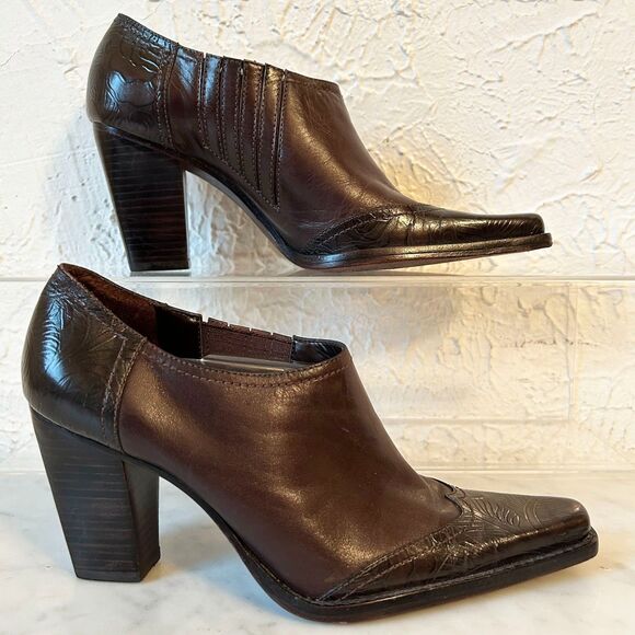 Antonio Melani Brown Embossed Leather Western Ankle Booties Women’s 6 Square Toe - Picture 2 of 9